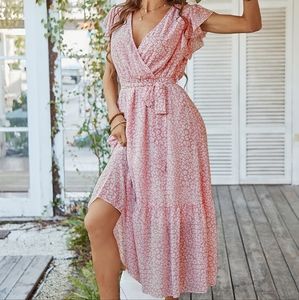 Womens Floral Summer Wrap V Neck Short Sleeve Belted Ruffle Bohemian Dress